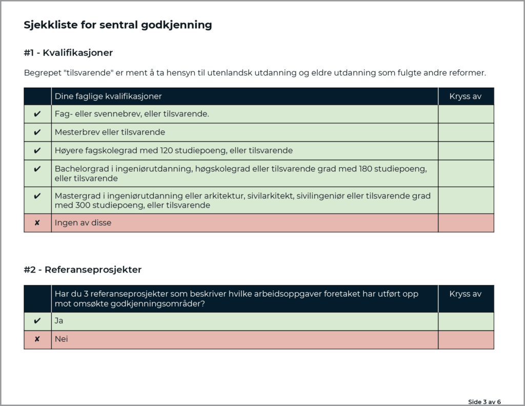 Skjermbilde sjekkliste for sentral godkjenning