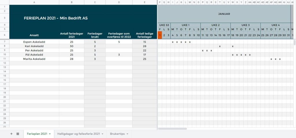 Ferieplan 2021 i excel og google sheets