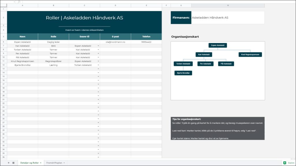 Fremdriftsplan mal med rolleliste og organisasjonskart