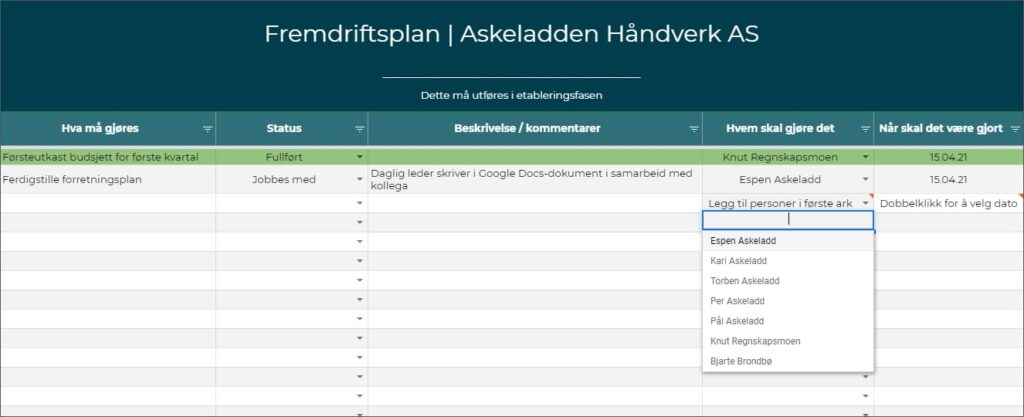 Nedtrekksmeny med personer i fremdriftsplan malen