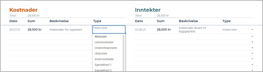 Inntekter og kostnader føres enkelt fra eget ark i prosjektregnskapsmalen